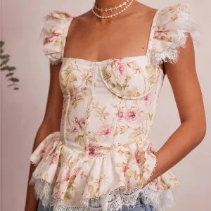 Floral Peplum Top with Lace Trim