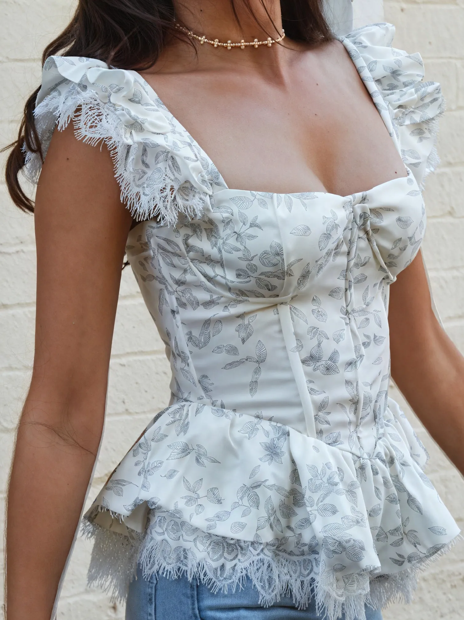 Floral Peplum Top with Lace Trim