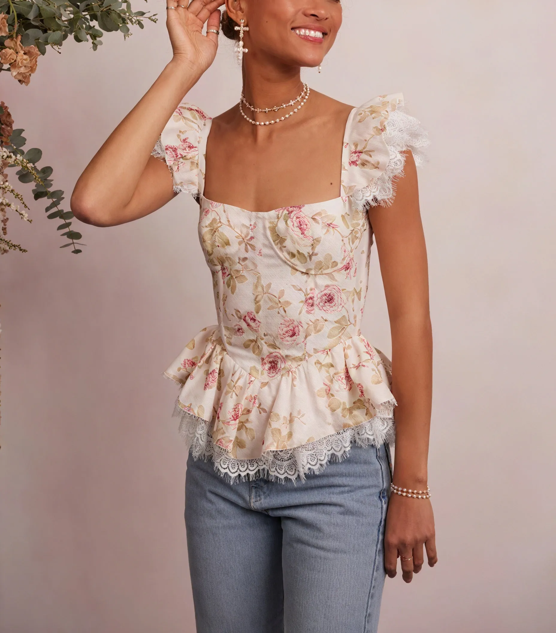 Floral Peplum Top with Lace Trim
