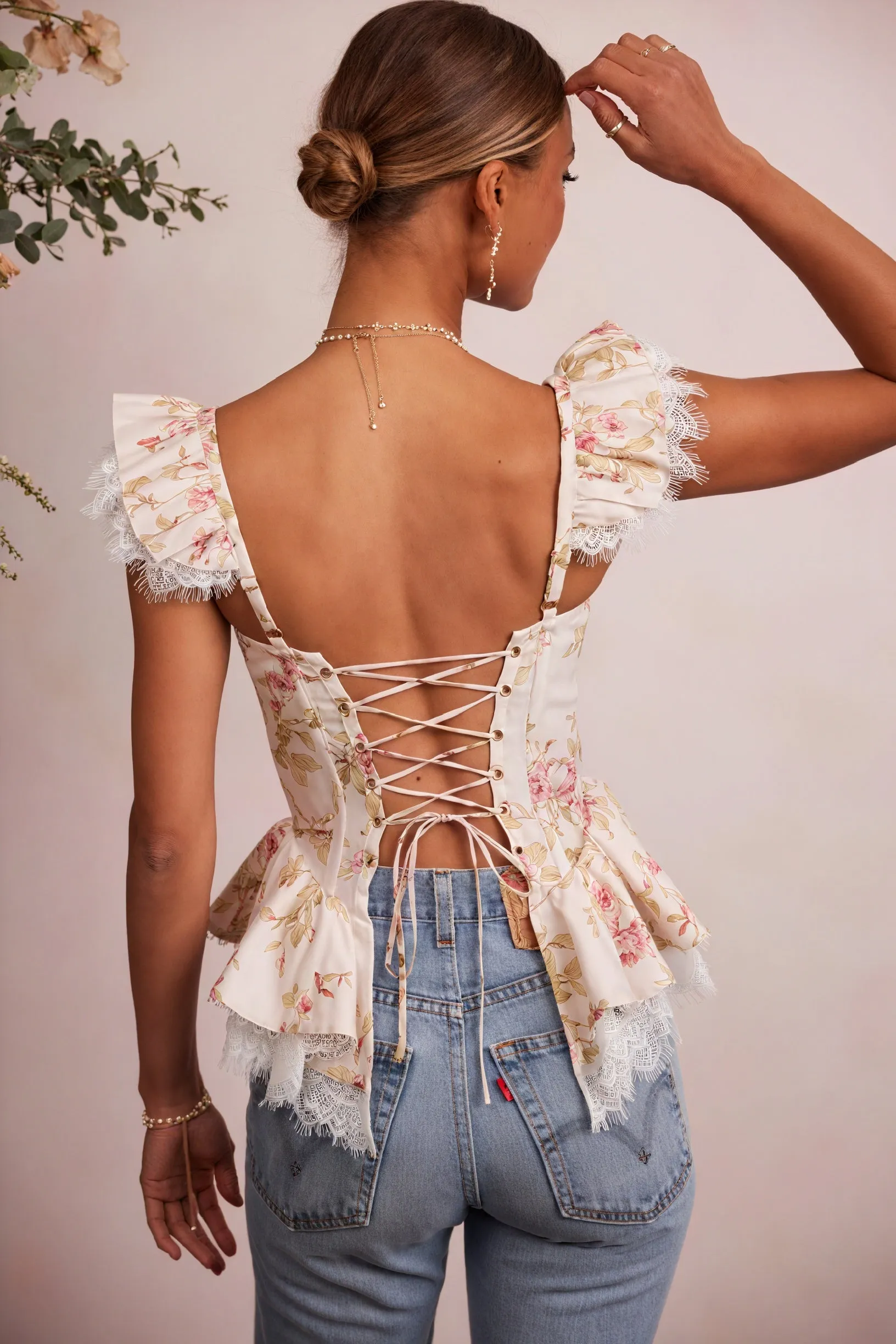 Floral Peplum Top with Lace Trim