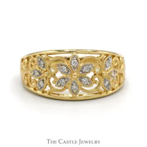 Flower Designed Diamond Cluster Band with Open Filigree Sides in 14k Yellow Gold