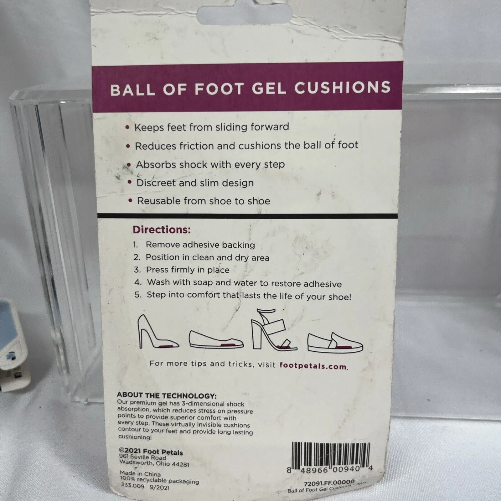 Foot Petals Ball of Foot Cushions Clear Gel No Slide Heels 3 Pairs