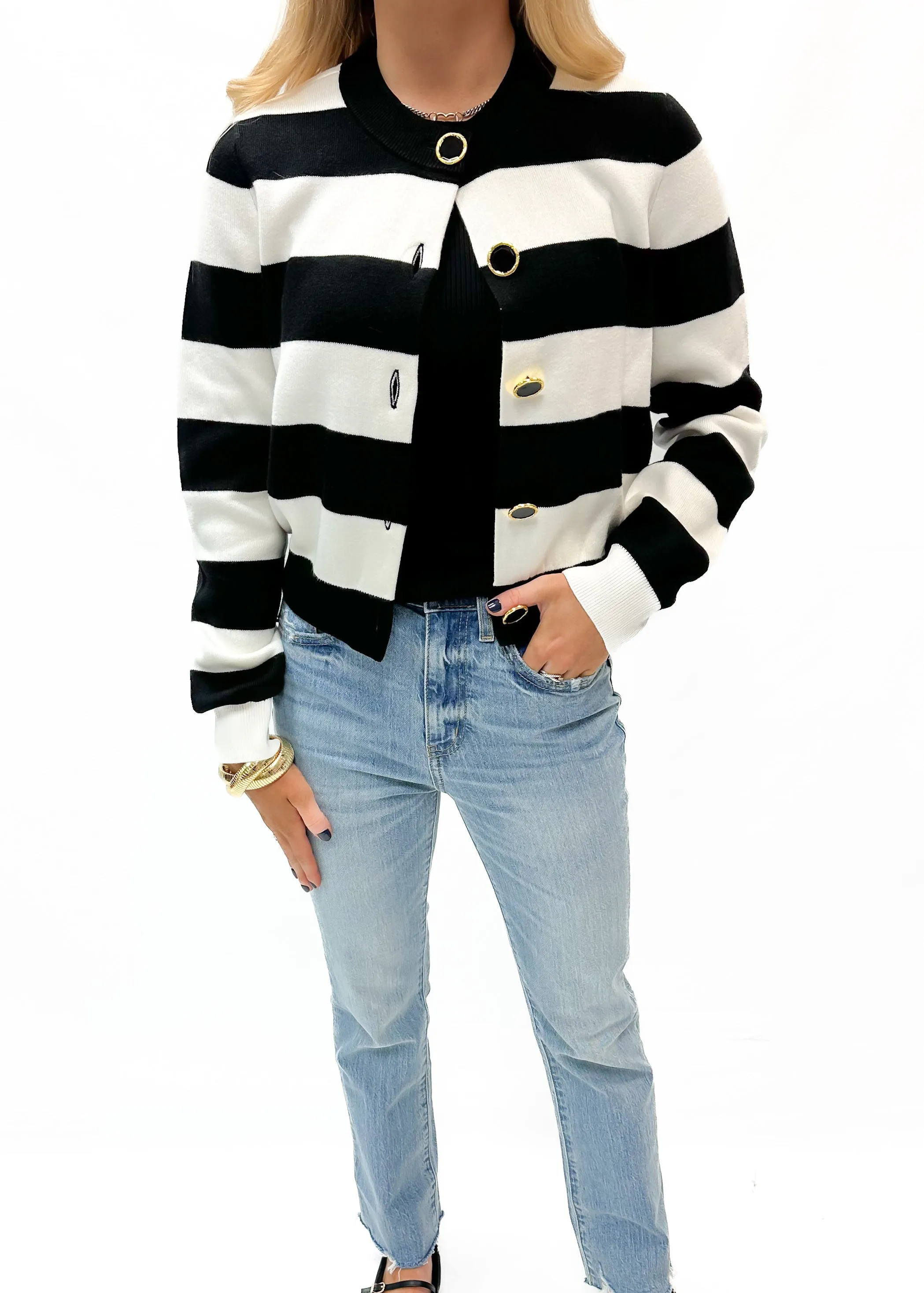 French Connection Nyrobi Stripe Cardigan - Black /Porcelain