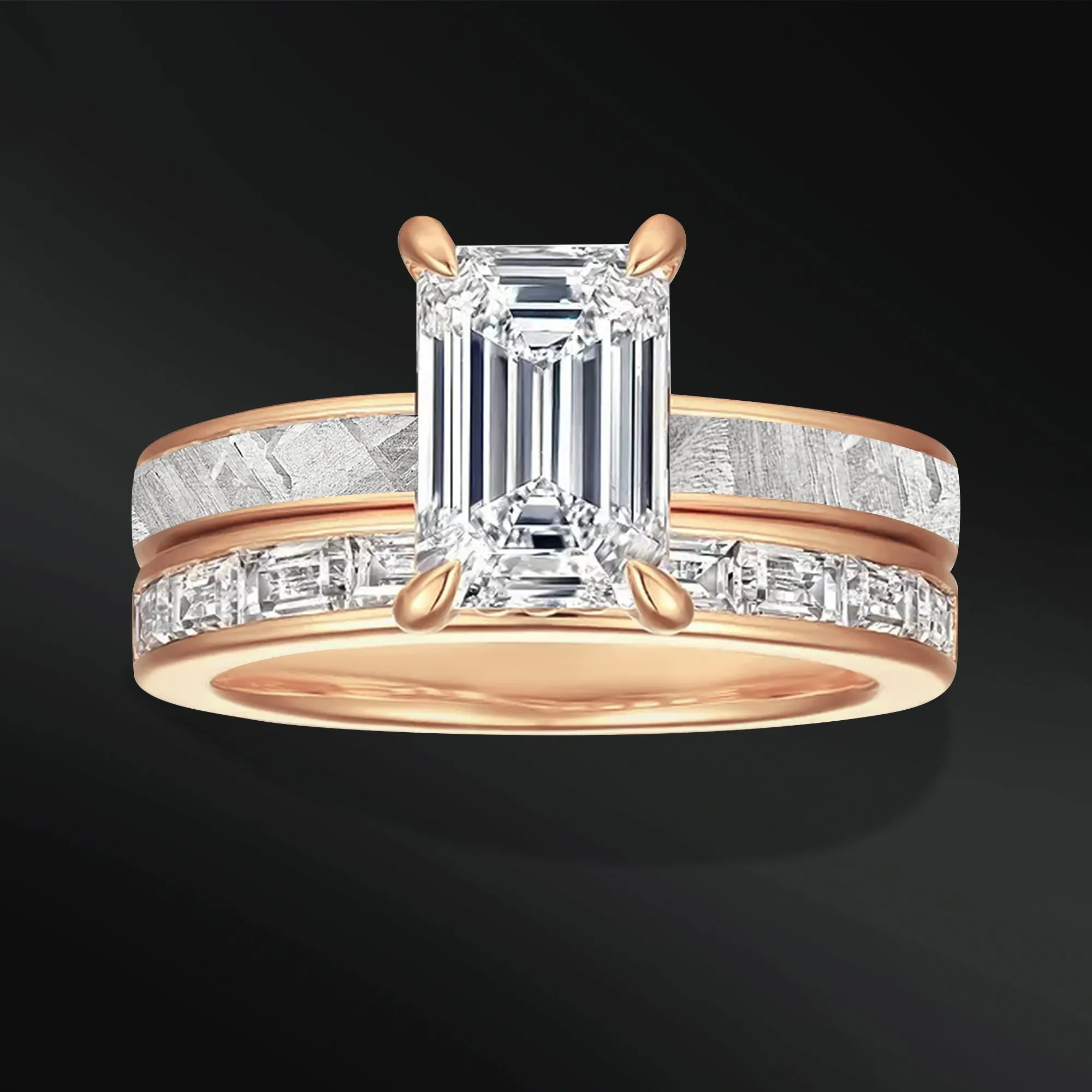Galactic Eternity - 14K Gold or Sterling Silver Ring Set | Certified 1.75 CT Emerald Cut Moissanite Engagement Ring | Natural  Meteorite Bridal Set | D-Color VVS1 Clarity