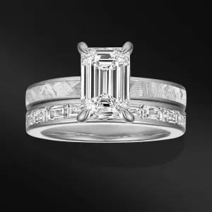 Galactic Eternity - 14K Gold or Sterling Silver Ring Set | Certified 1.75 CT Emerald Cut Moissanite Engagement Ring | Natural  Meteorite Bridal Set | D-Color VVS1 Clarity