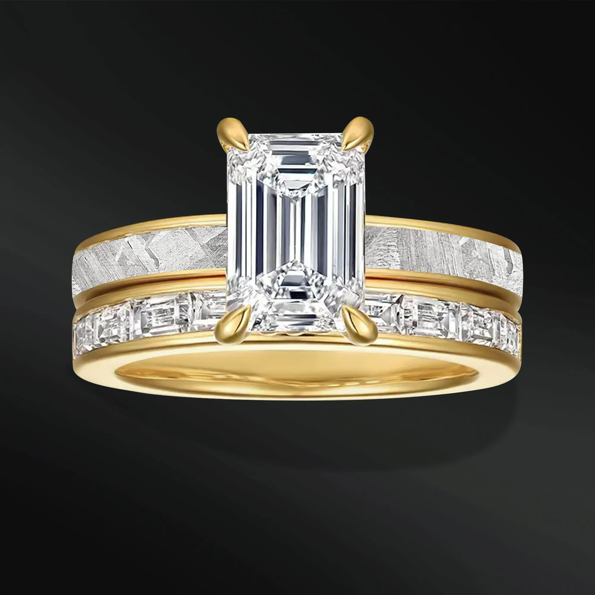 Galactic Eternity - 14K Gold or Sterling Silver Ring Set | Certified 1.75 CT Emerald Cut Moissanite Engagement Ring | Natural  Meteorite Bridal Set | D-Color VVS1 Clarity