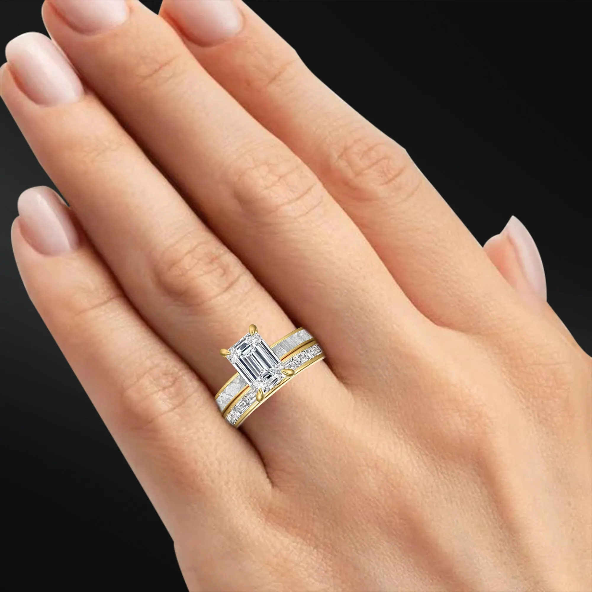 Galactic Eternity - 14K Gold or Sterling Silver Ring Set | Certified 1.75 CT Emerald Cut Moissanite Engagement Ring | Natural  Meteorite Bridal Set | D-Color VVS1 Clarity