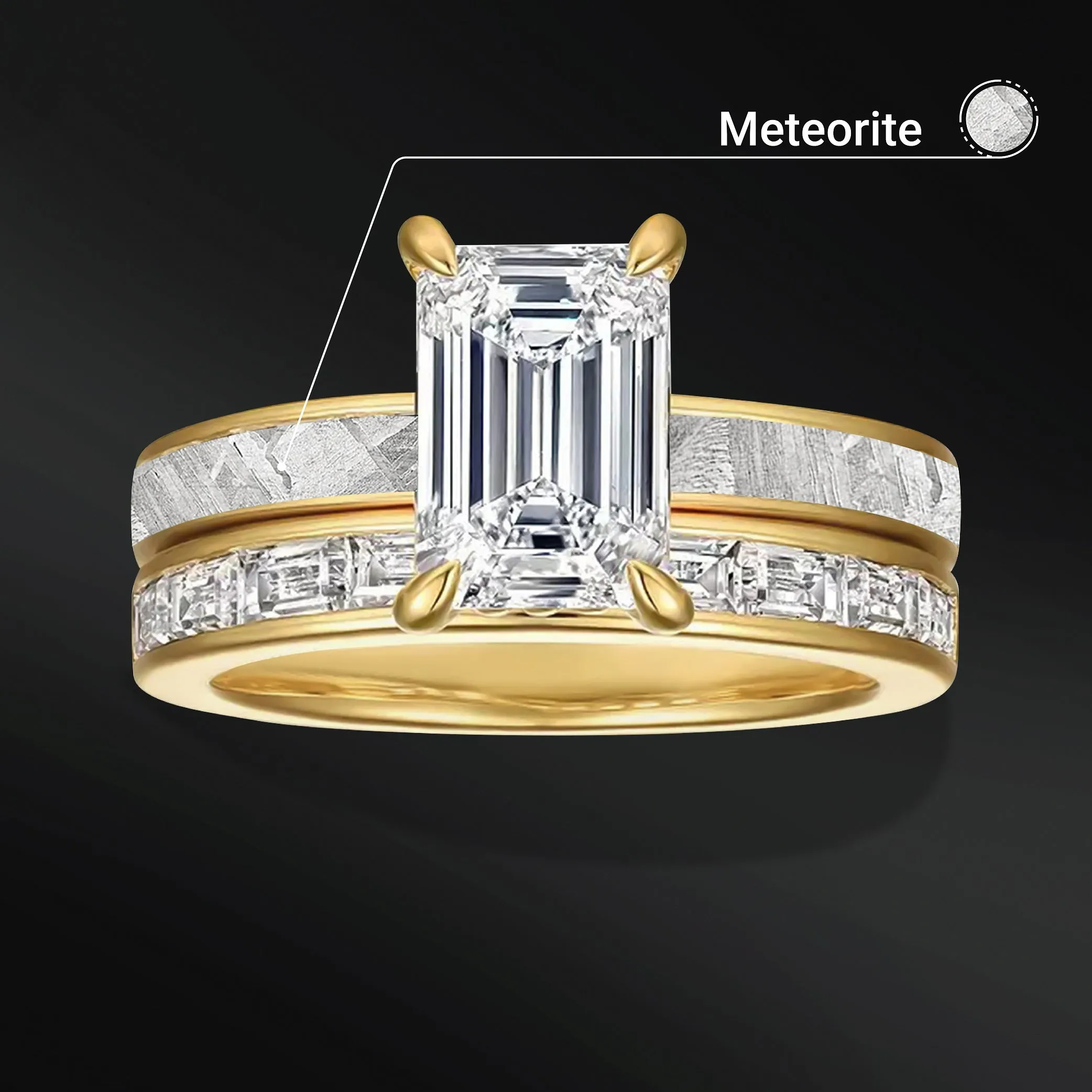 Galactic Eternity - 14K Gold or Sterling Silver Ring Set | Certified 1.75 CT Emerald Cut Moissanite Engagement Ring | Natural  Meteorite Bridal Set | D-Color VVS1 Clarity