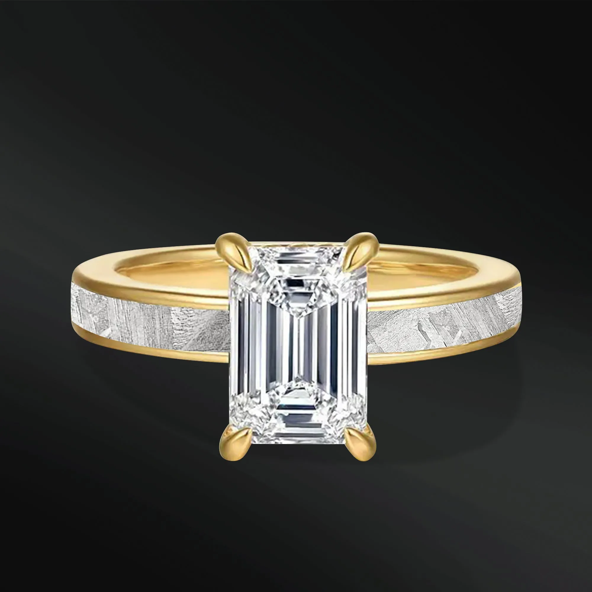 Galactic Eternity - 14K Gold or Sterling Silver Ring Set | Certified 1.75 CT Emerald Cut Moissanite Engagement Ring | Natural  Meteorite Bridal Set | D-Color VVS1 Clarity