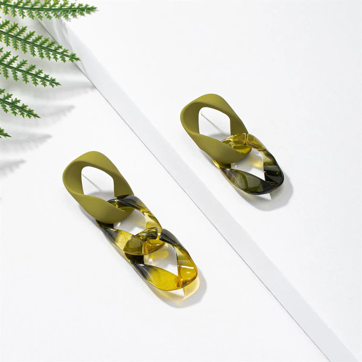 Green Acrylic & Silver-Plated Mismatched Chain Drop Earrings