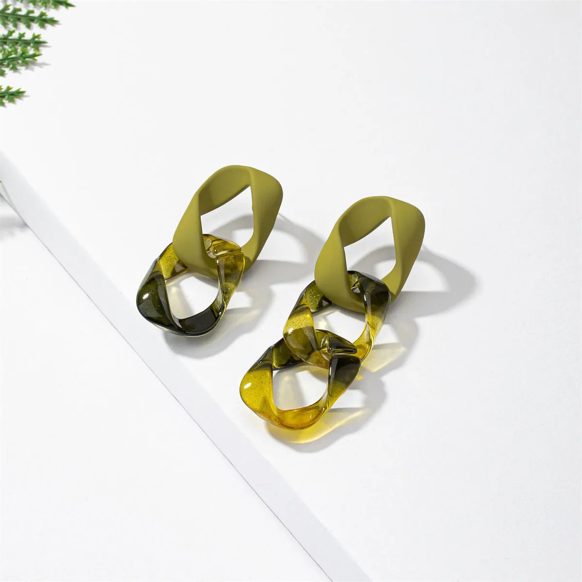 Green Acrylic & Silver-Plated Mismatched Chain Drop Earrings