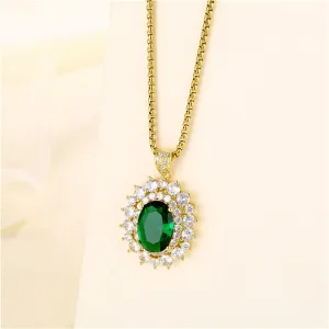 Green Crystal & Clear Cubic Zirconia 18K Gold-Plated Oval Pendant Necklace