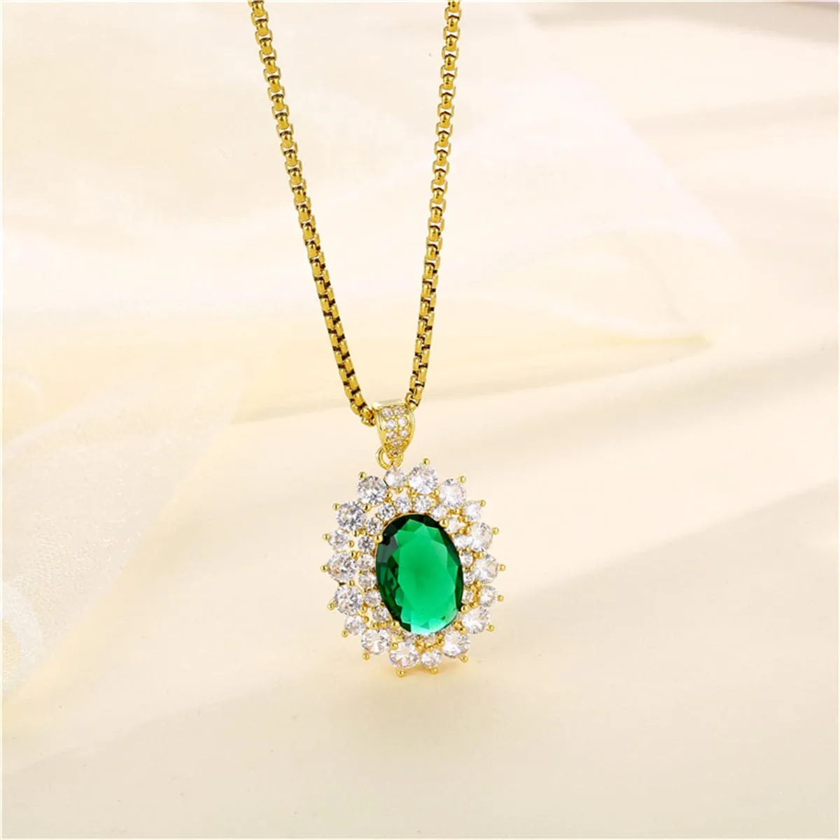 Green Crystal & Clear Cubic Zirconia 18K Gold-Plated Oval Pendant Necklace