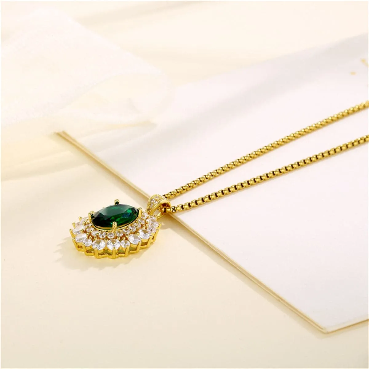 Green Crystal & Clear Cubic Zirconia 18K Gold-Plated Oval Pendant Necklace
