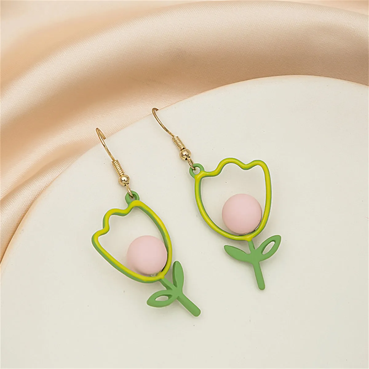 Green Enamel & 18K Gold-Plated Open Tulip Drop Earrings