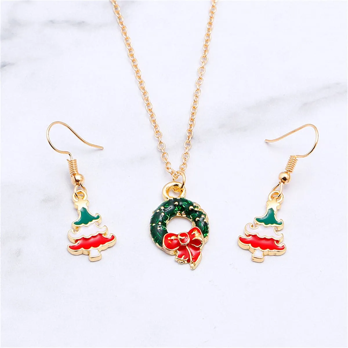 Green Enamel & 18K Gold-Plated Wreath Pendant Necklace & Earrings