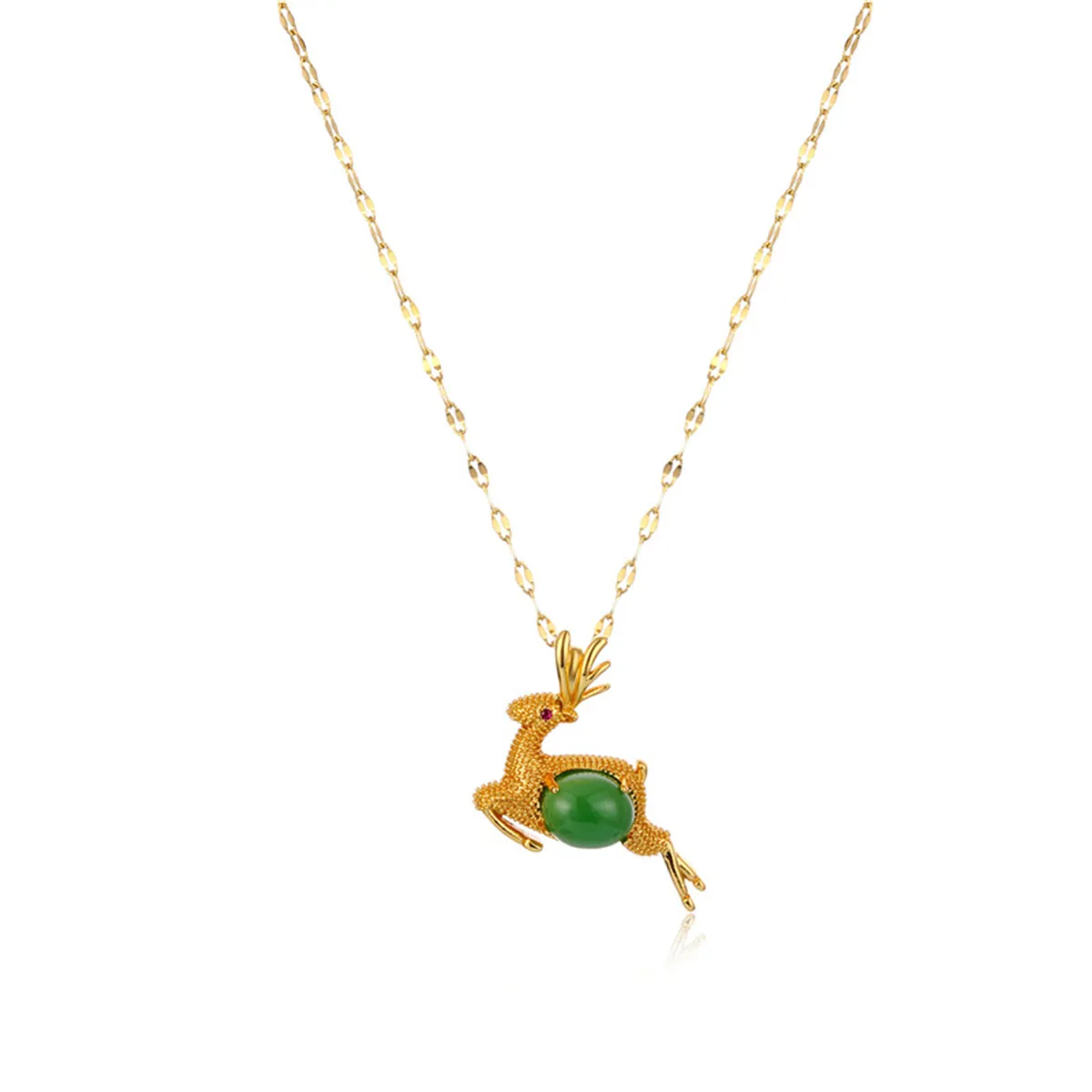 Green Jade & Cubic Zirconia Reindeer Pendant Necklace