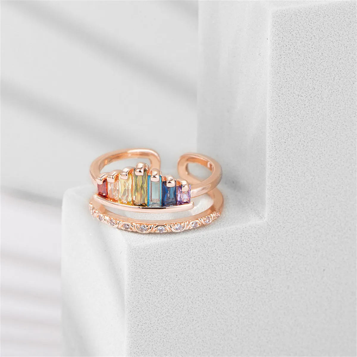 Green Multicolor Crystal & 18K Rose Gold-Plated Crown Open Ring