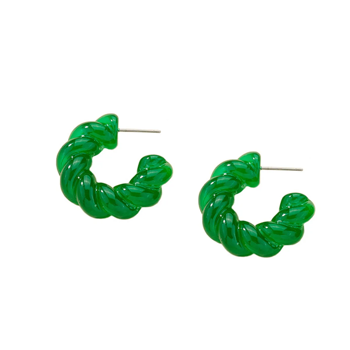 Green Resin & Silver-Plated Twine Huggie Earring