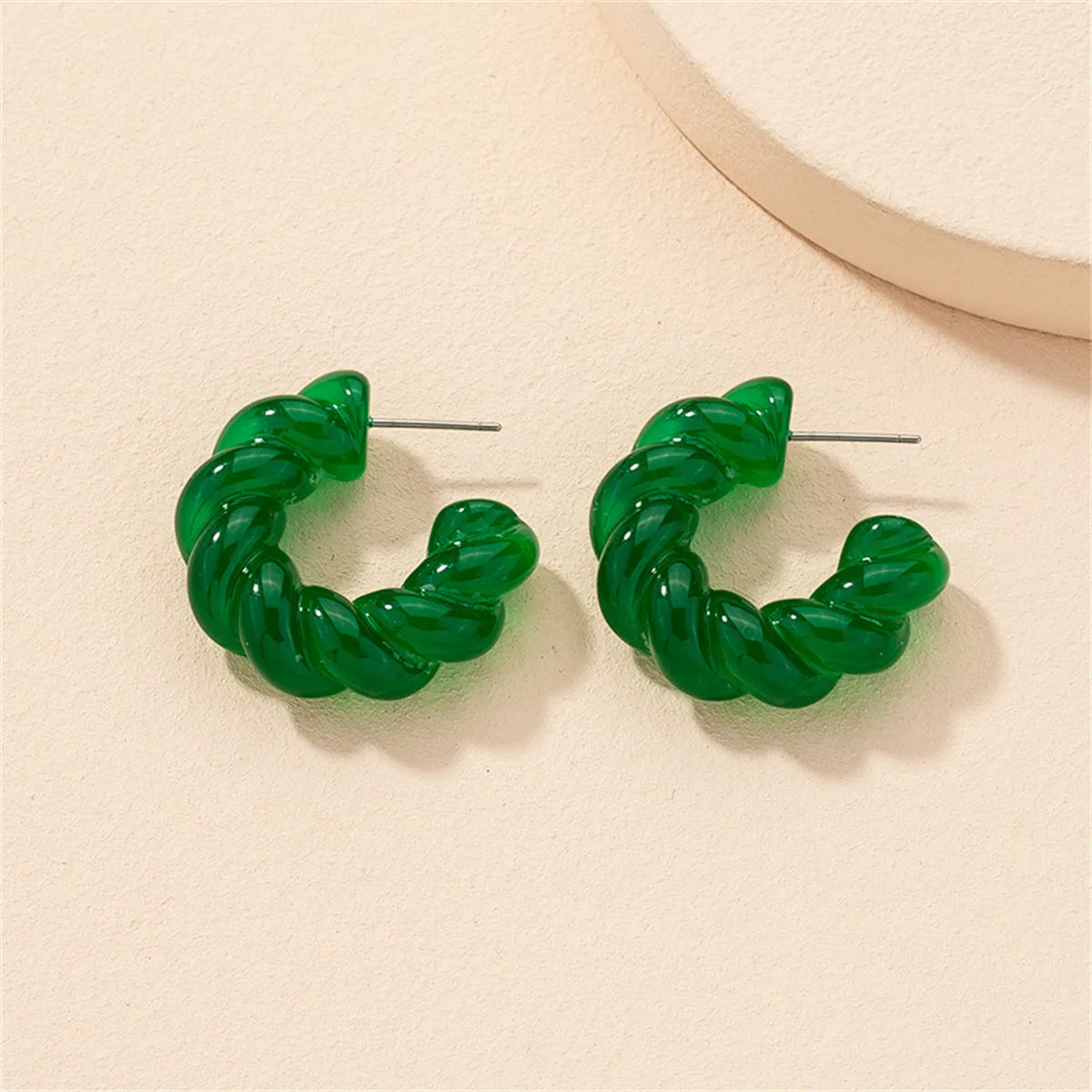 Green Resin & Silver-Plated Twine Huggie Earring