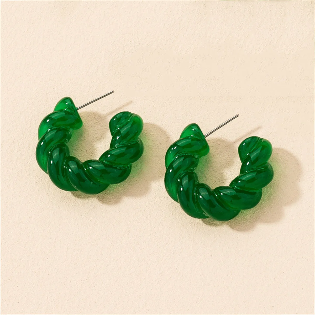 Green Resin & Silver-Plated Twine Huggie Earring