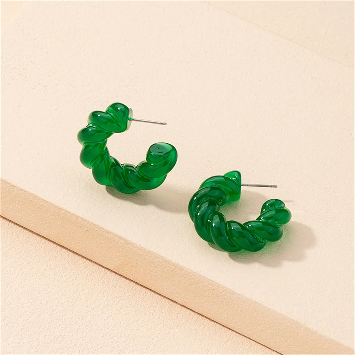Green Resin & Silver-Plated Twine Huggie Earring