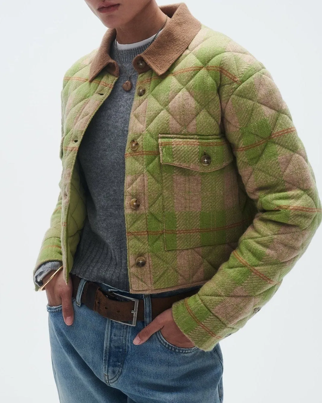Guest in Residence Tartan Cropped Jacket in Matcha Combo