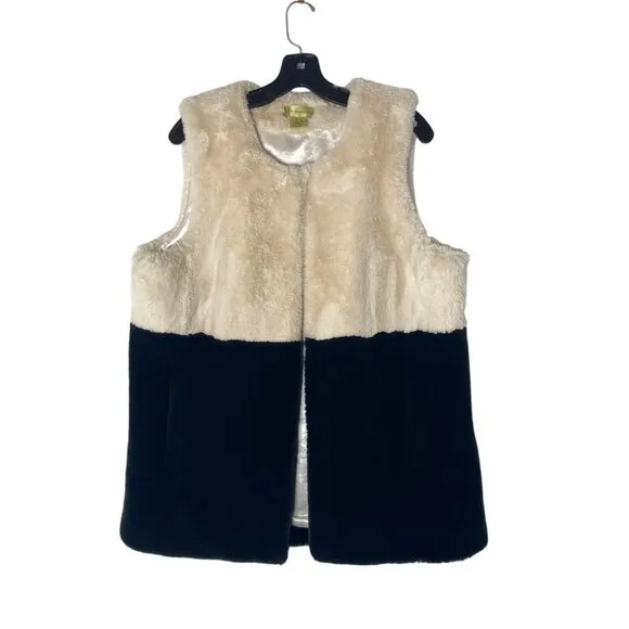 H BY HEURUEH WOMEN'S BLACK AND WINTER WHITE FAUX FUR VEST SZ M/L