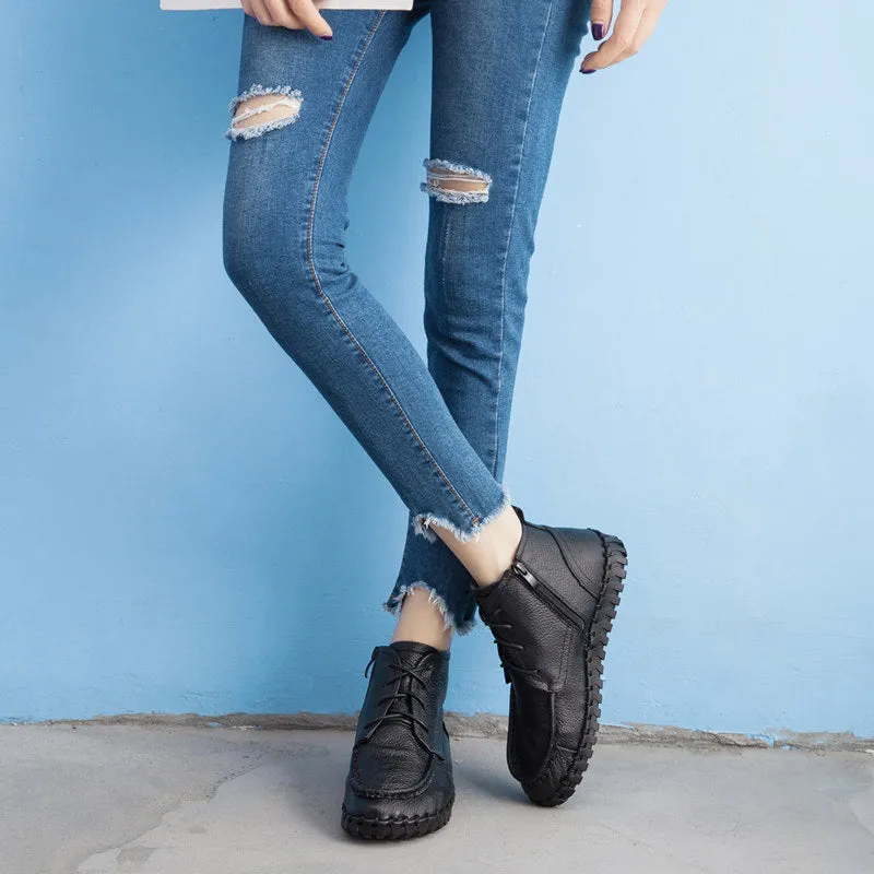 Handmade Leather Vintage Short Boots Soft Sole Comfortable Flat Women's Shoes