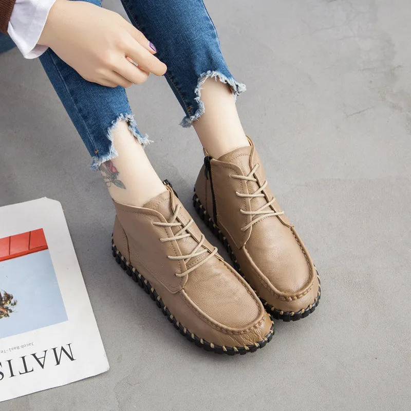 Handmade Leather Vintage Short Boots Soft Sole Comfortable Flat Women's Shoes