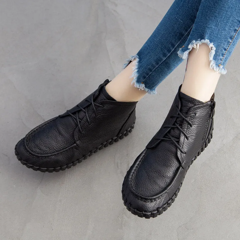 Handmade Leather Vintage Short Boots Soft Sole Comfortable Flat Women's Shoes