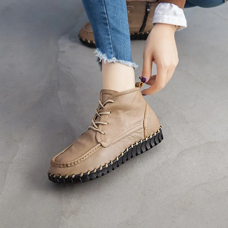 Handmade Leather Vintage Short Boots Soft Sole Comfortable Flat Women's Shoes