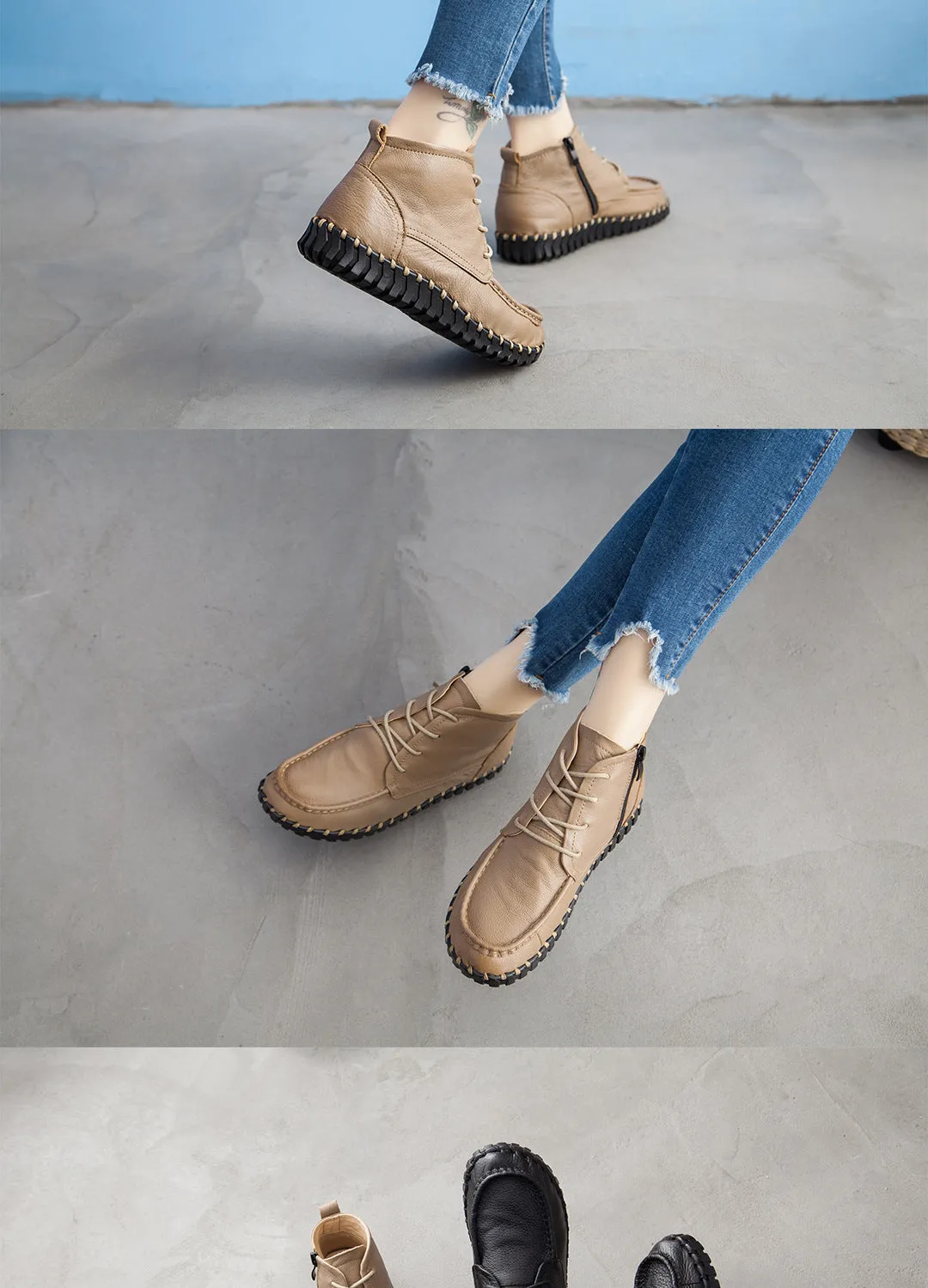 Handmade Leather Vintage Short Boots Soft Sole Comfortable Flat Women's Shoes