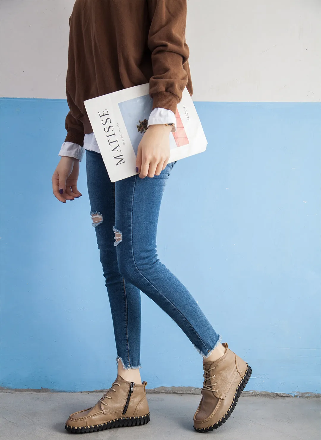 Handmade Leather Vintage Short Boots Soft Sole Comfortable Flat Women's Shoes