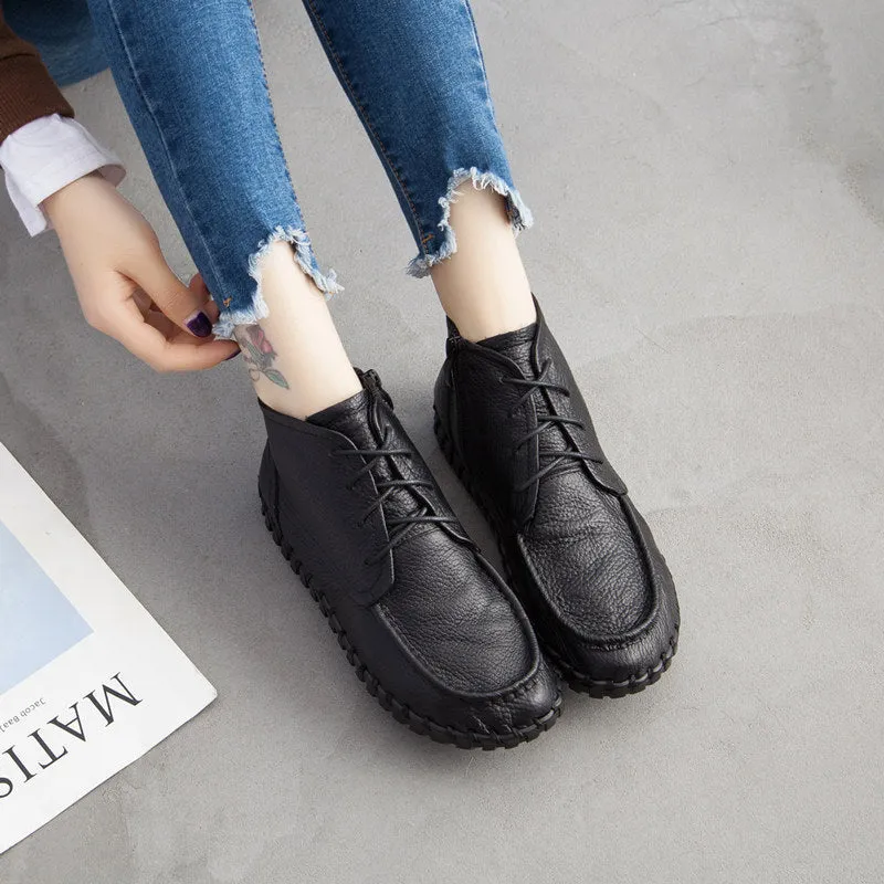 Handmade Leather Vintage Short Boots Soft Sole Comfortable Flat Women's Shoes