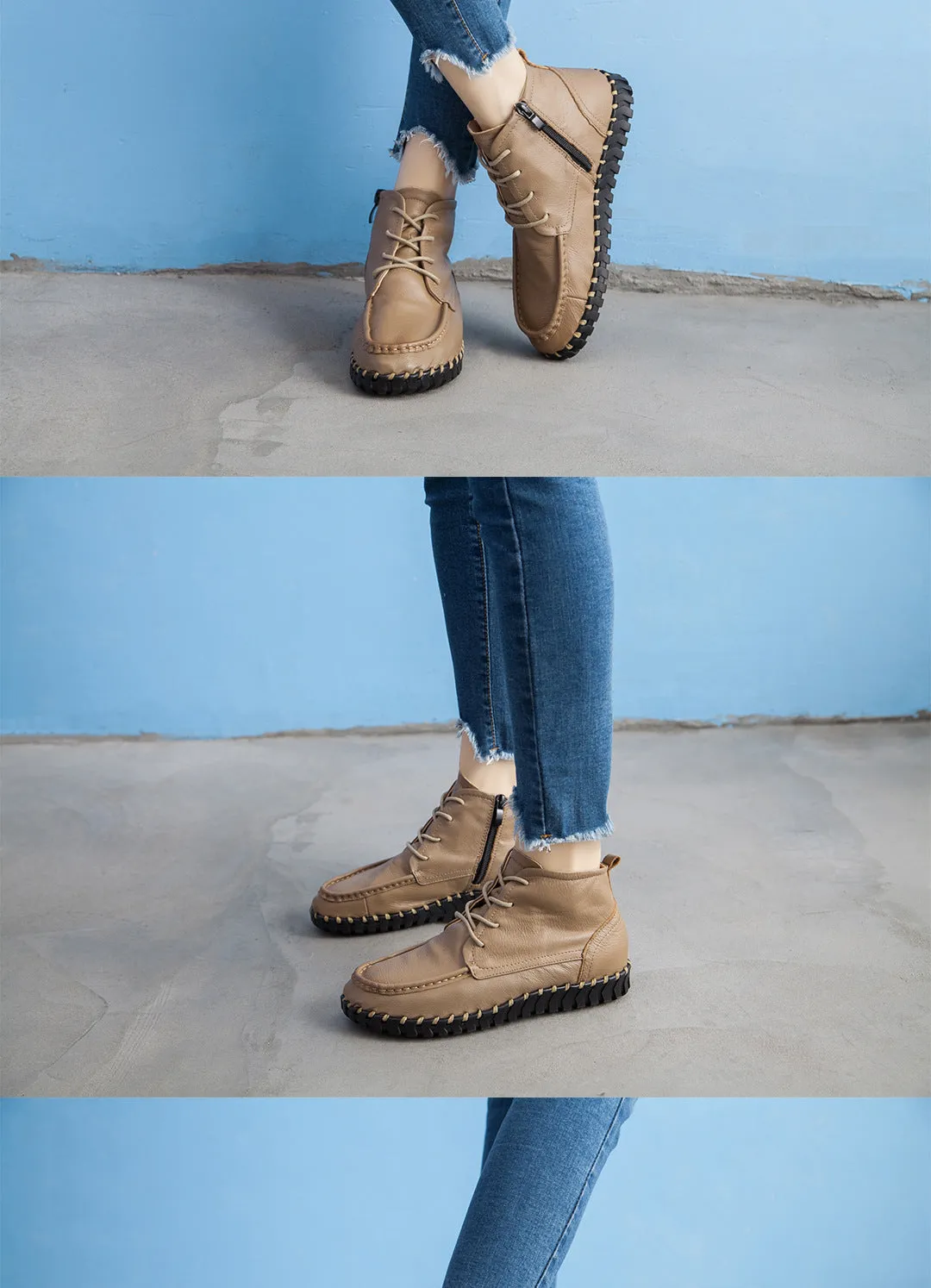 Handmade Leather Vintage Short Boots Soft Sole Comfortable Flat Women's Shoes