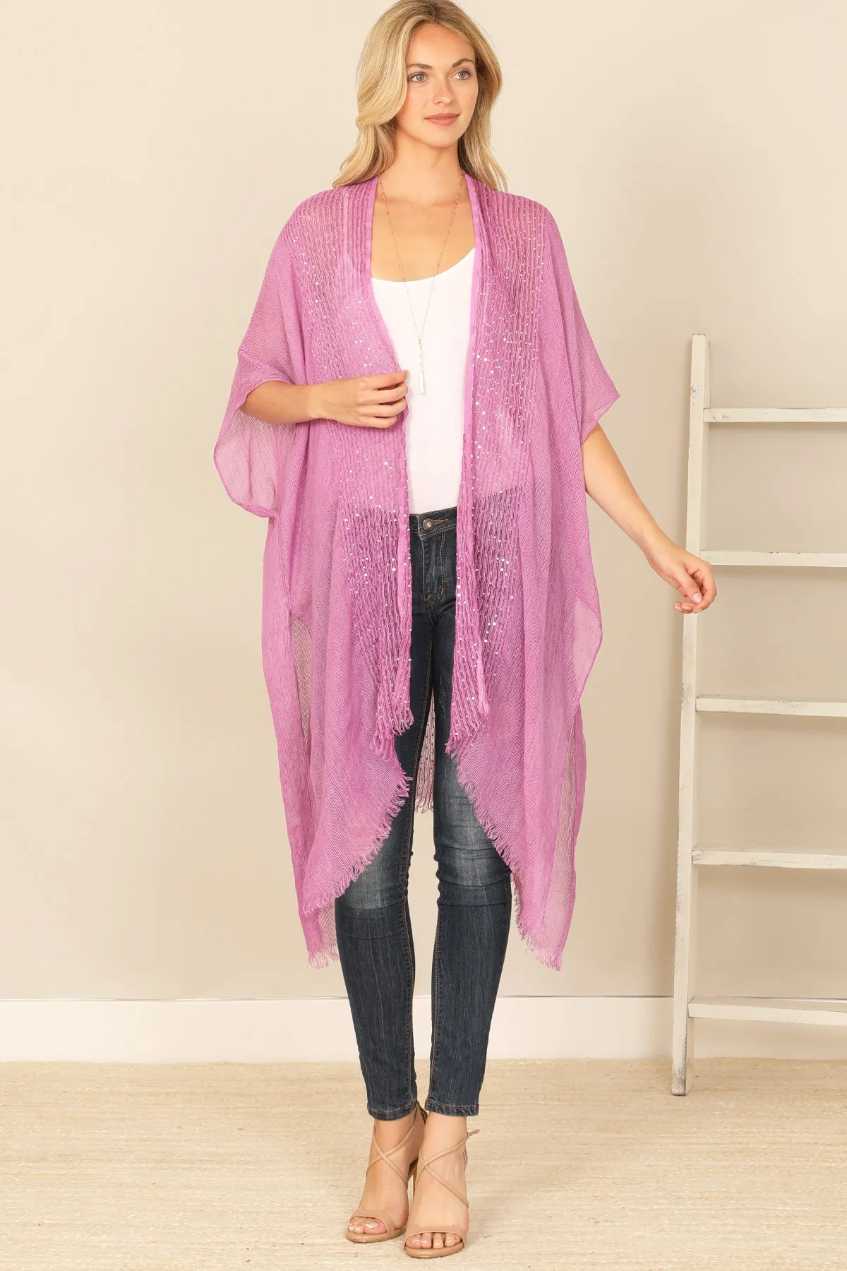 HDF2498 - GLITTERED FRINGED OPEN CARDIGAN