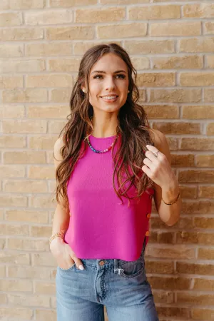 Hot Pink Sleeveless Sweater w/ Gold Buttons T25666