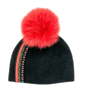 HTAN86 - Stripe/Crystals Knit Beanie w/ Fox Pom