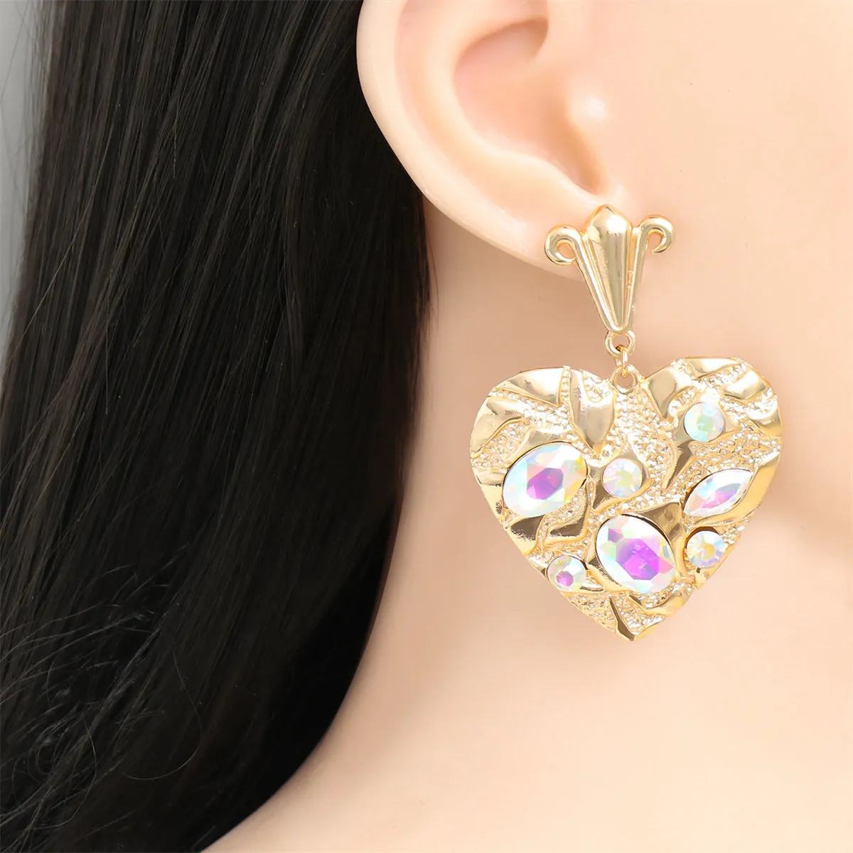 Iridescent Cubic Zirconia & Crystal 18K Gold-Plated Heart Drop Earring