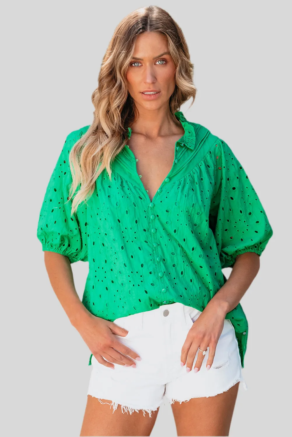 IRIS EMBROIDERED HOLLOW-OUT BLOUSE - REG/CURVY