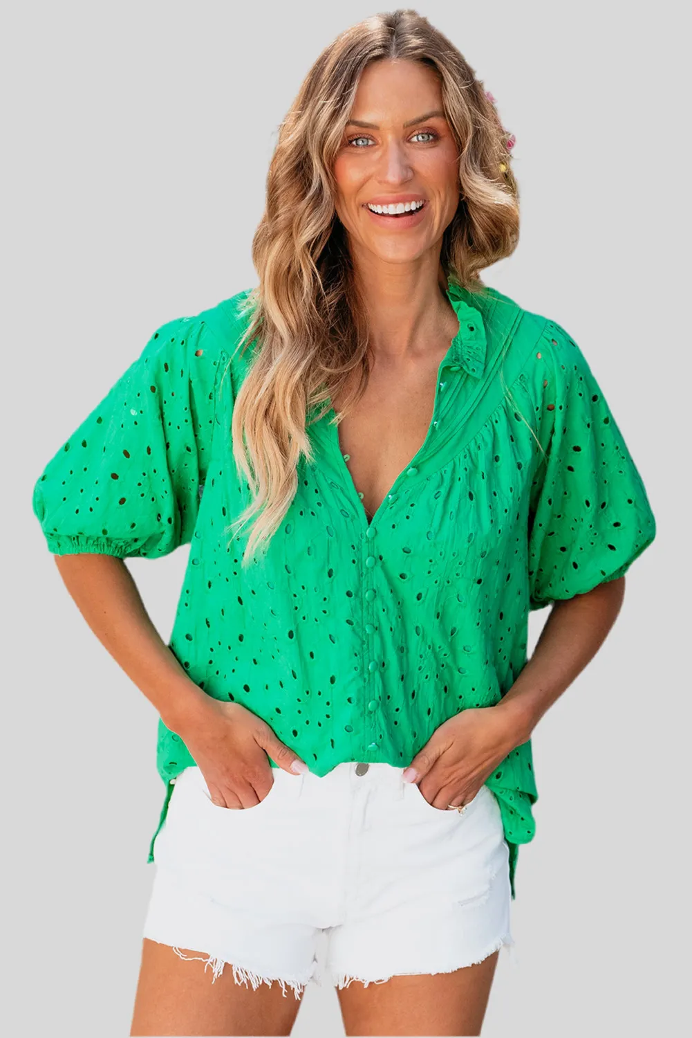 IRIS EMBROIDERED HOLLOW-OUT BLOUSE - REG/CURVY