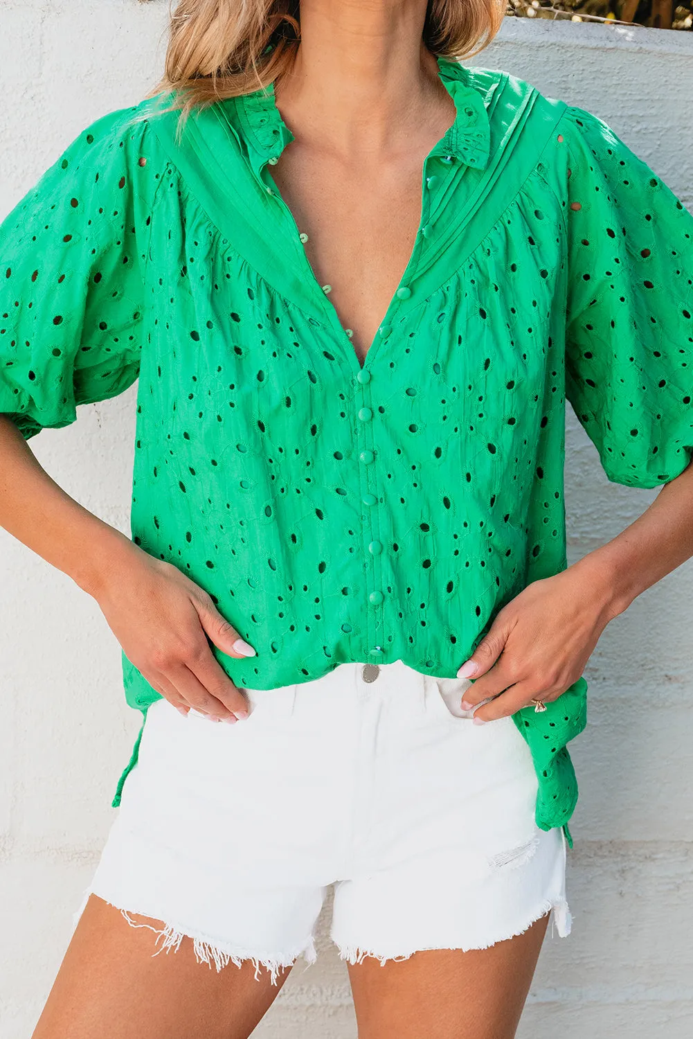IRIS EMBROIDERED HOLLOW-OUT BLOUSE - REG/CURVY