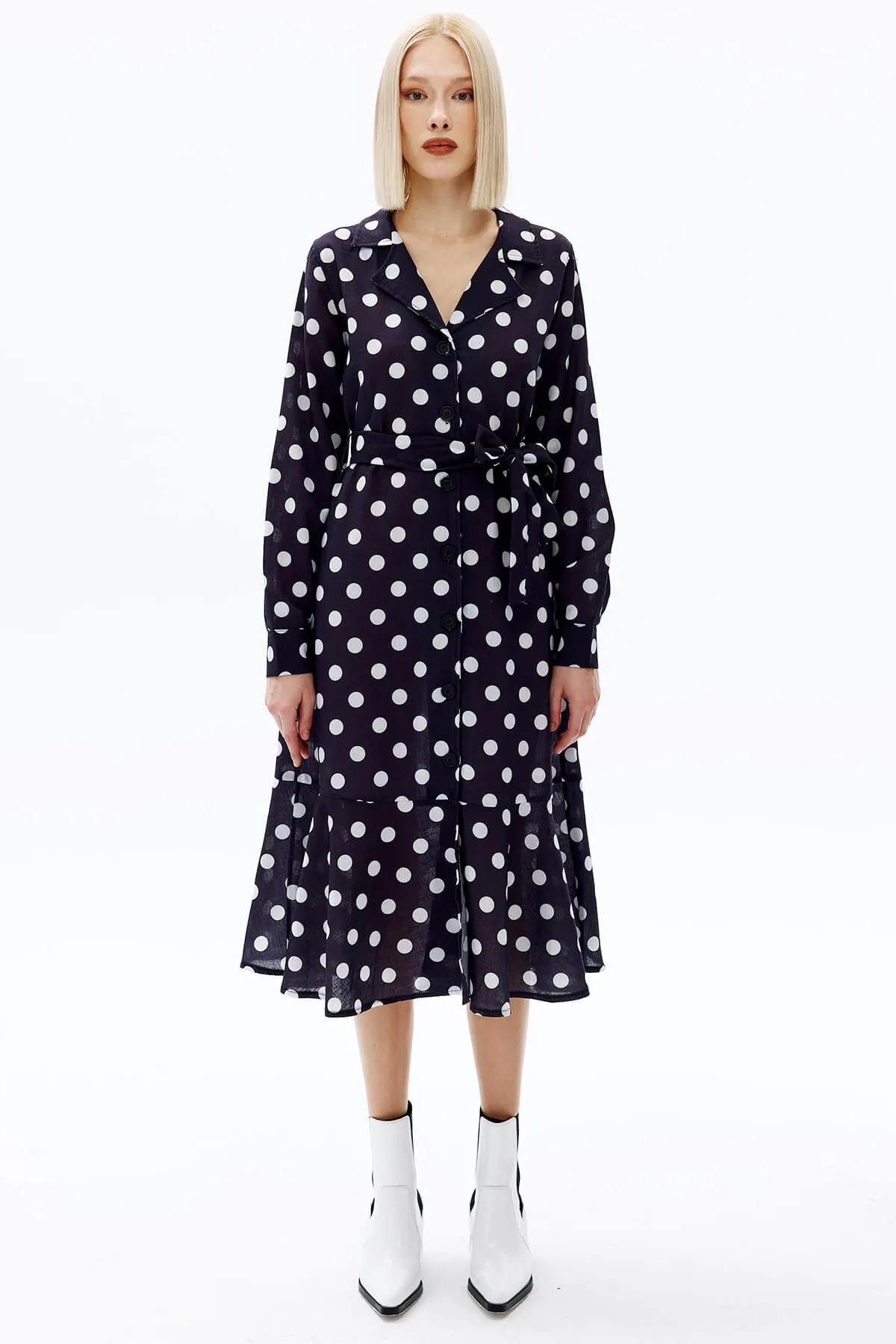 Jasper Polka Dot Tie Waist Ruffle Shirt Dress