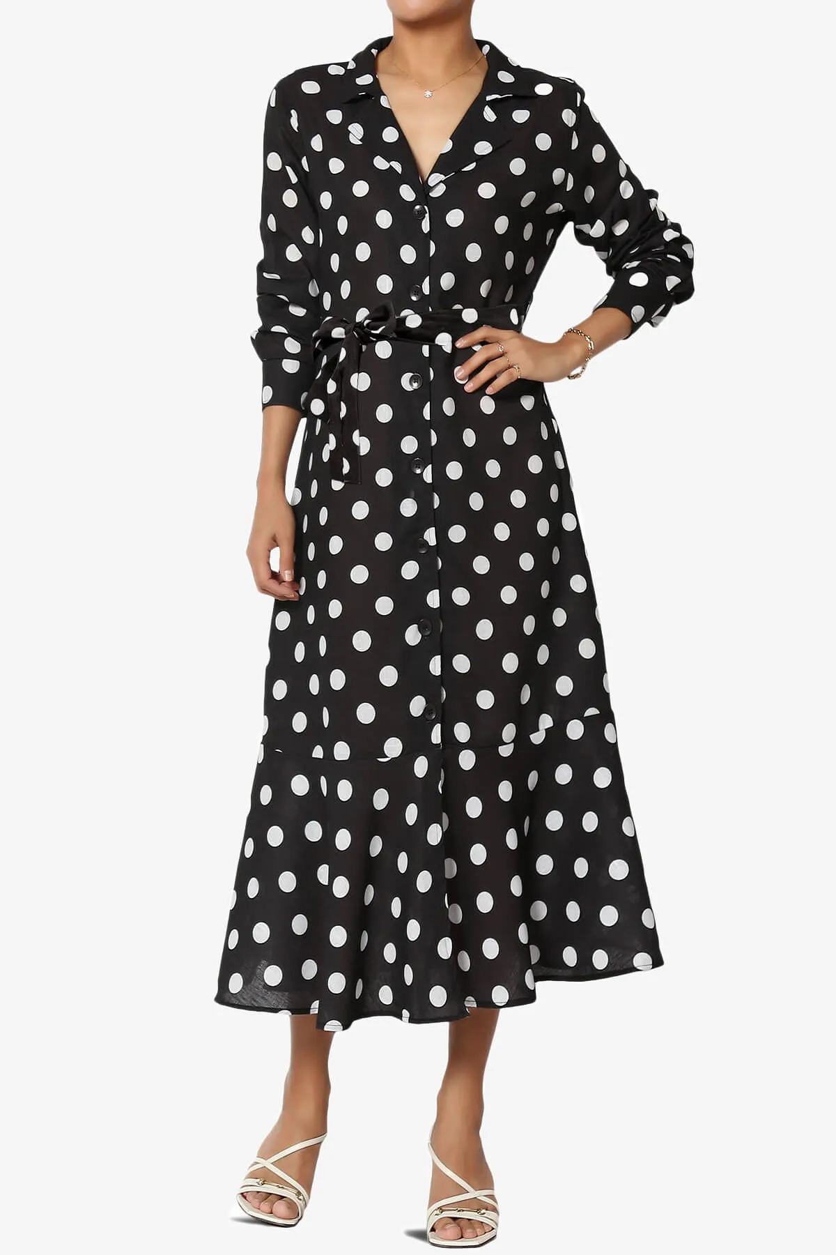 Jasper Polka Dot Tie Waist Ruffle Shirt Dress