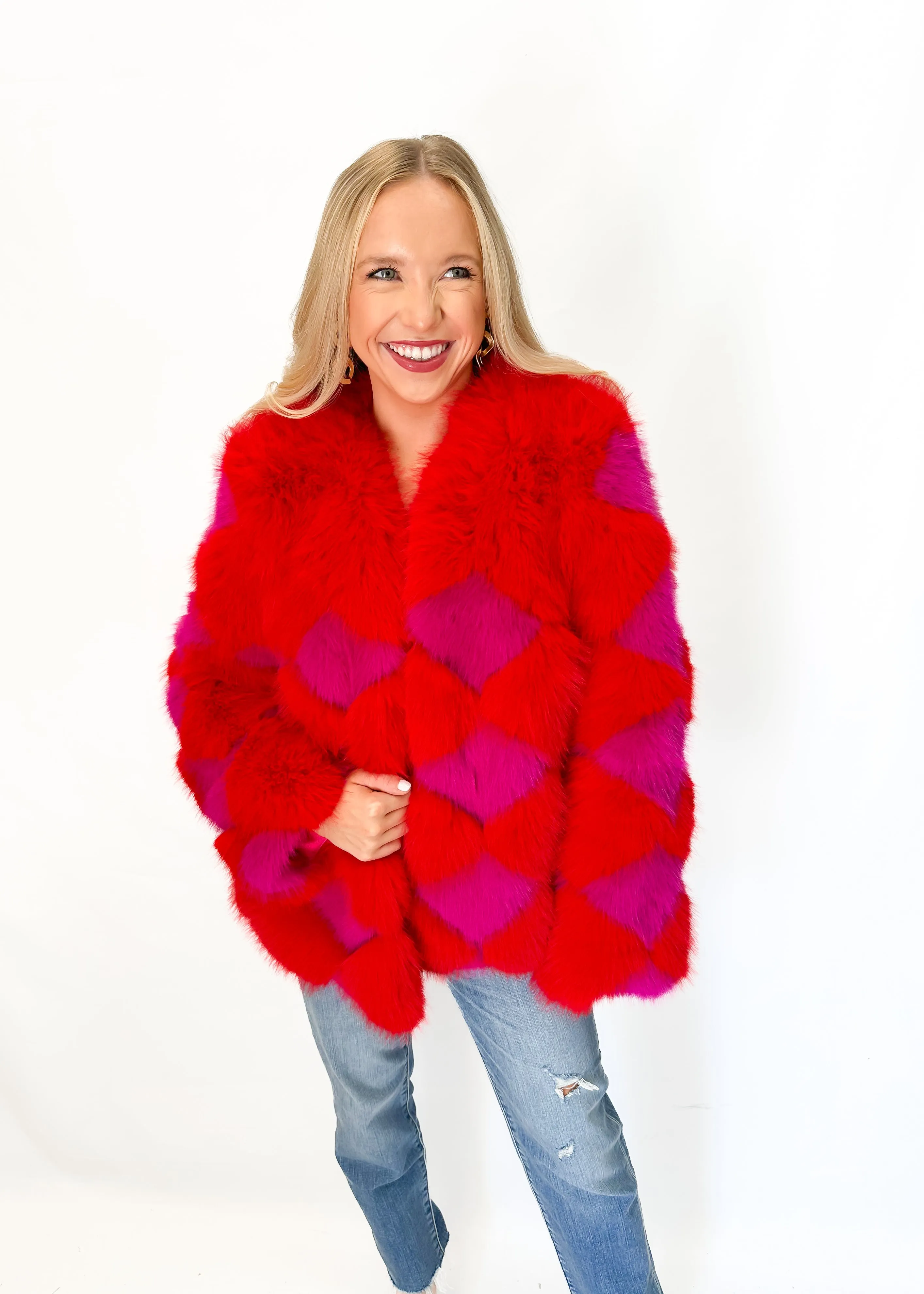 Jayley Faux Fur Delilah Diamond Coat - Red