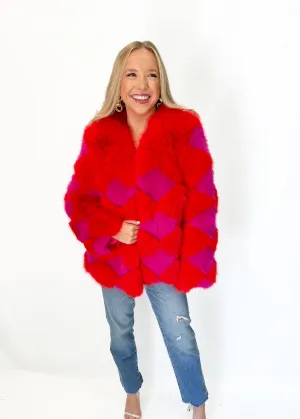Jayley Faux Fur Delilah Diamond Coat - Red