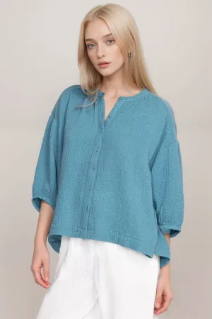 Johnny Was Calme Women's Blue Shirred Neck Button Down O21016