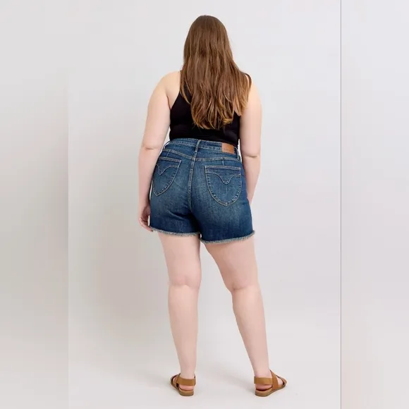Judy Blue High Rise Tummy Control Shield Pocket Frayed Hem Shorts Various NEW