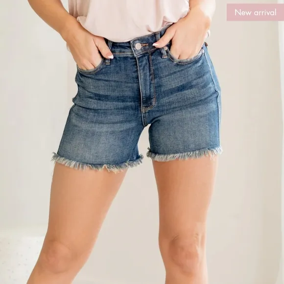 Judy Blue High Rise Tummy Control Shield Pocket Frayed Hem Shorts Various NEW